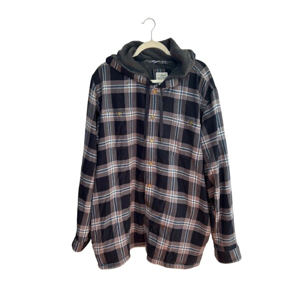 L.L. Bean Flannel Shirt Hooded Men's XXL Blue Plaid Fleece Lined Snap Button NWT - Picture 1 of 9